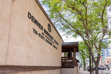 Colorado, MAY 28, 2023 - Sunny exterior view of the Denver Buddhist Temple in Sakura Squareのeditorial素材