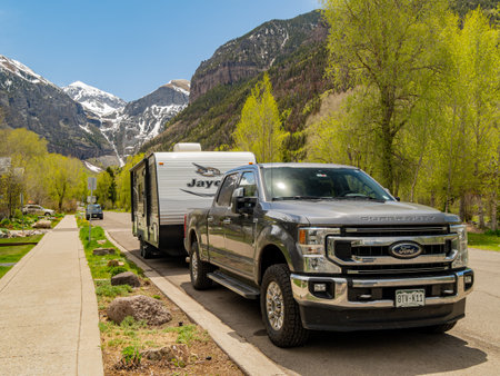 Colorado, JUN 7, 2023 - Sunny view of the a car parked in Tellurideのeditorial素材