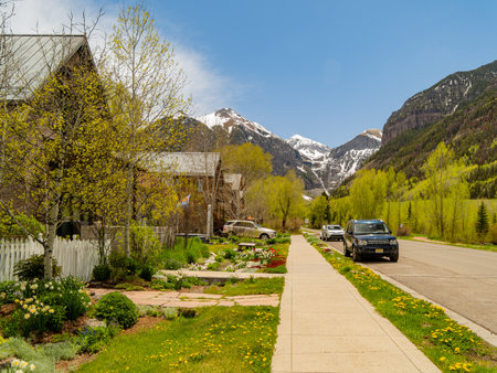 Colorado, JUN 7, 2023 - Sunny view of the Telluride modern residence buildingのeditorial素材