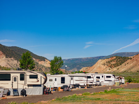 Colorado, MAY 28, 2023 - Sunny exterior view of The River Dance RV Resortのeditorial素材