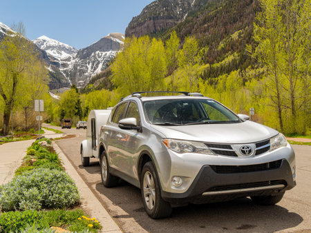 Colorado, JUN 7, 2023 - Sunny view of the a car parked in Tellurideのeditorial素材