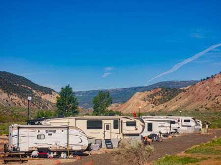 Colorado, MAY 28, 2023 - Sunny exterior view of The River Dance RV Resortのeditorial素材