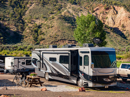Colorado, MAY 28, 2023 - Sunny exterior view of The River Dance RV Resortのeditorial素材