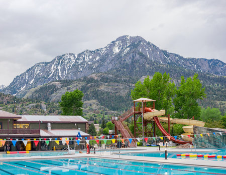 Colorado, JUN 5, 2023 - Daytime view of Ouray Hot Springs Pool and Fitness Center of Ourayのeditorial素材
