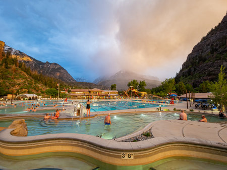 Colorado, JUN 5, 2023 - Sunny view of Ouray old street, 2023 - Sunset view of Ouray Hot Springs Pool and Fitness Center of Ourayのeditorial素材