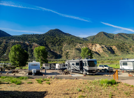 Colorado, MAY 28, 2023 - Sunny exterior view of The River Dance RV Resortのeditorial素材