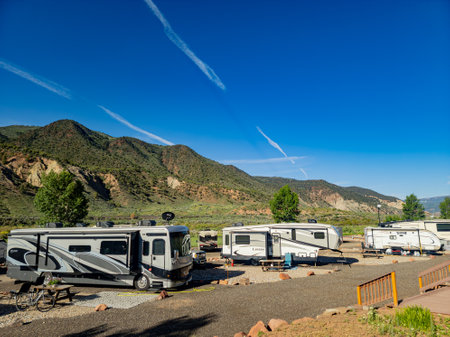 Colorado, MAY 28, 2023 - Sunny exterior view of The River Dance RV Resortのeditorial素材