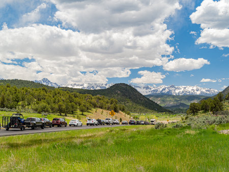 Colorado, JUN 6, 2023 - Traffic stuck near Ridgway State Parkのeditorial素材