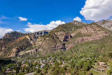 Sunny high angle view of the Ouray town at Coloradoの写真素材
