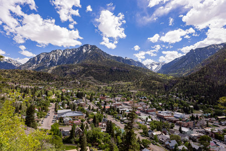 Sunny high angle view of the Ouray town at Coloradoの写真素材