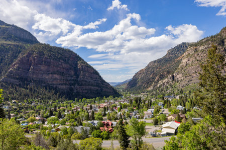 Sunny high angle view of the Ouray town at Coloradoの写真素材