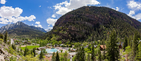 Sunny high angle view of the Ouray town at Coloradoの写真素材