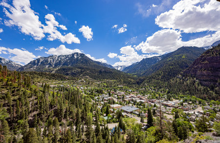 Sunny high angle view of the Ouray town at Coloradoの写真素材