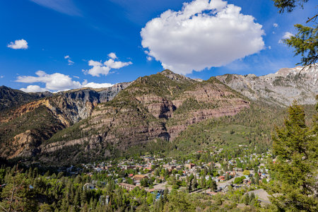 Sunny high angle view of the Ouray town at Coloradoの写真素材