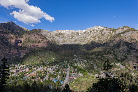 Sunny high angle view of the Ouray town at Coloradoの写真素材