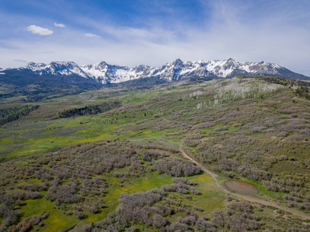 Sunny aerial view of the landscape of Mt Sneffels at Coloradoの写真素材