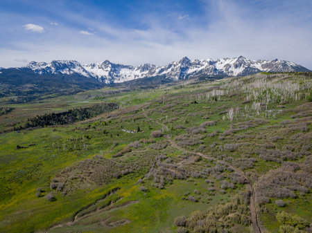 Sunny aerial view of the landscape of Mt Sneffels at Coloradoの写真素材
