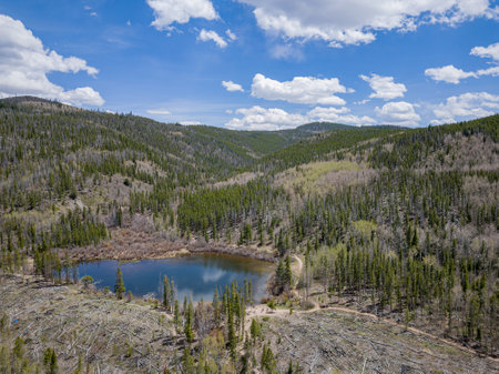 Aerial view of the landscape along Rainbow Lake Trail at Coloradoの写真素材