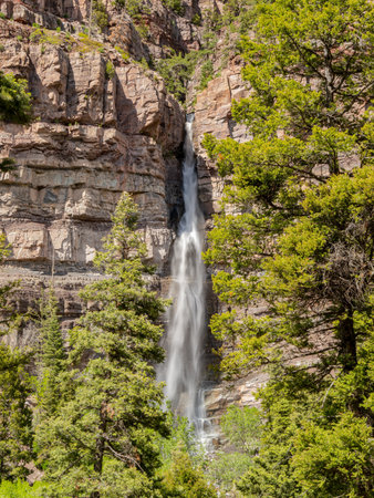 Sunny view of the Cascade Falls landscape in Ouray at Coloradoの写真素材