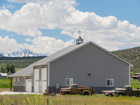 Sunny view of farm rural landscape at Coloradoの写真素材