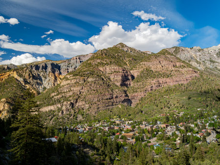 Sunny high angle view of the Ouray town at Coloradoの写真素材