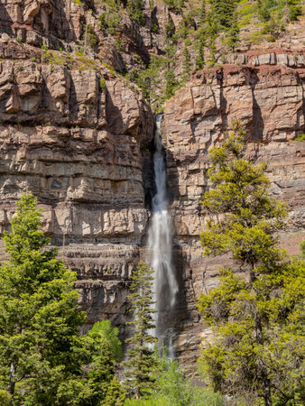 Sunny view of the Cascade Falls landscape in Ouray at Coloradoの写真素材