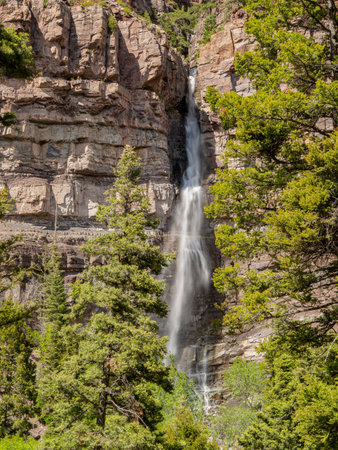 Sunny view of the Cascade Falls landscape in Ouray at Coloradoの写真素材