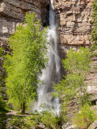 Sunny view of the Cascade Falls landscape in Ouray at Coloradoの写真素材