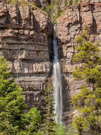 Sunny view of the Cascade Falls landscape in Ouray at Coloradoの写真素材