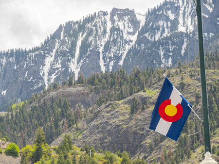 Close up shot of Colorado flag in Ouray at Coloradoの写真素材