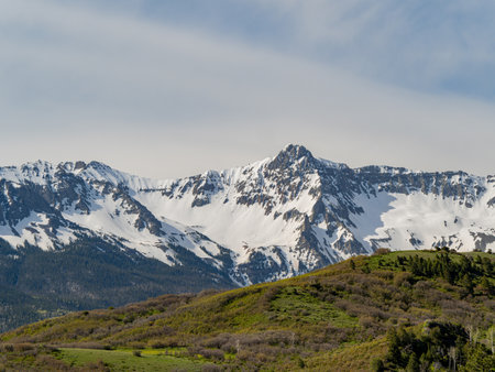 Sunny view of the landscape of Mt Sneffels at Coloradoの写真素材