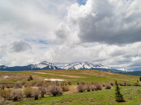 Sunny view of the landscape of Mt Sneffels at Coloradoの写真素材