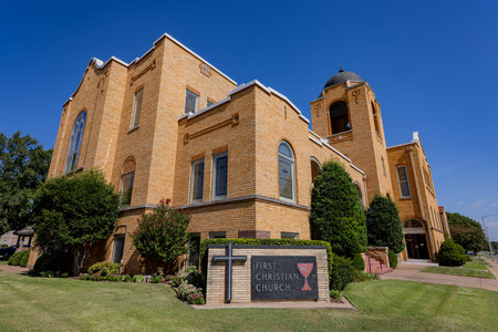 Sunny exterior view of the First Christian Church at Oklahomaの写真素材