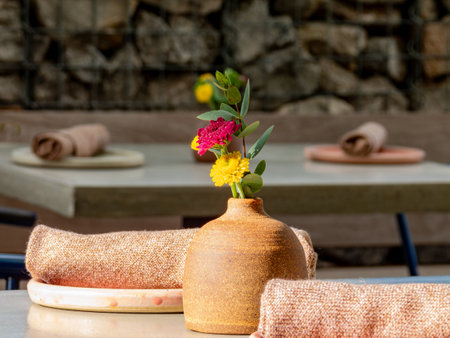 Close up shot of napkin, flower pot at Oklahomaの写真素材