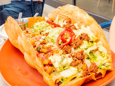 Close up shot of delicious huge taco at Oklahomaの写真素材