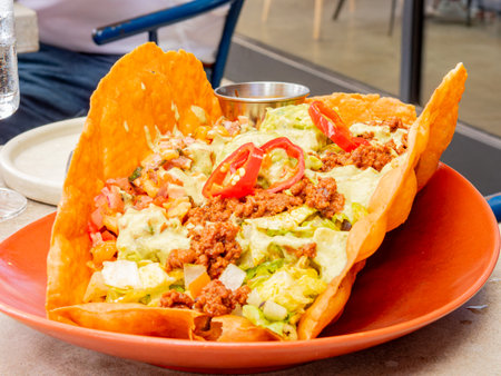 Close up shot of delicious huge taco at Oklahomaの写真素材