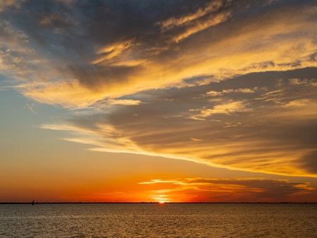 Beautiful sunset landscape of Lake Hefner at Oklahomaの写真素材