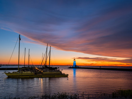 Beautiful sunset landscape of Lake Hefner at Oklahomaの写真素材