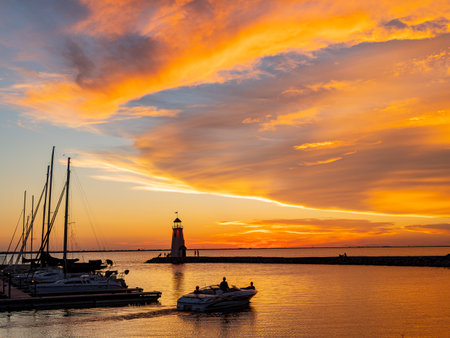 Beautiful sunset landscape of Lake Hefner at Oklahomaの写真素材