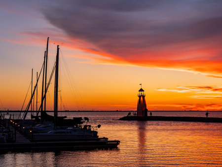 Beautiful sunset landscape of Lake Hefner at Oklahomaの写真素材