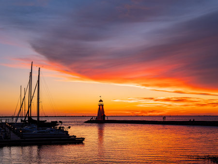Beautiful sunset landscape of Lake Hefner at Oklahomaの写真素材