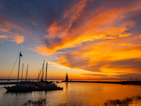 Beautiful sunset landscape of Lake Hefner at Oklahomaの写真素材