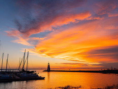 Beautiful sunset landscape of Lake Hefner at Oklahomaの写真素材
