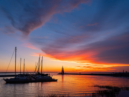 Beautiful sunset landscape of Lake Hefner at Oklahomaの写真素材