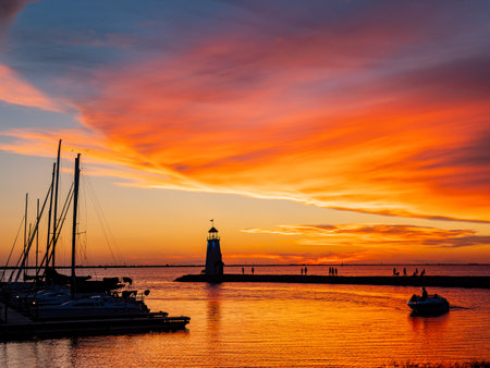 Beautiful sunset landscape of Lake Hefner at Oklahomaの写真素材