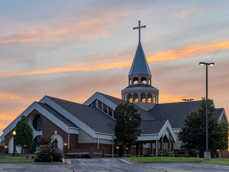 Sunset view of the St Monica Catholic Church at Edmond, Oklahomaの写真素材