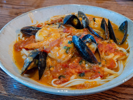 Close up shot of Italian style seafood noodle at Oklahomaの写真素材