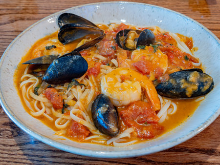 Close up shot of Italian style seafood noodle at Oklahomaの写真素材