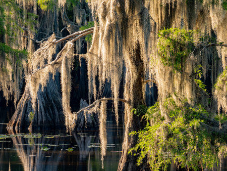 Sunny view of many bald cypress in Caddo Lake State Park at Texasの写真素材