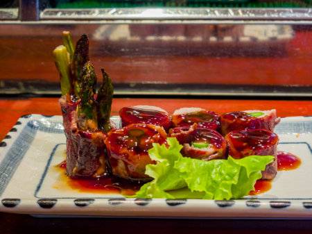 Close up shot of grill steak with asparagus at Texasの写真素材